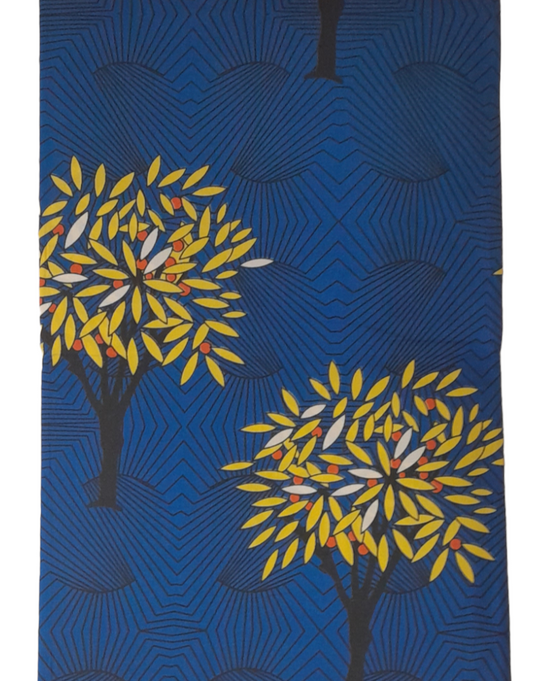 Tissu wax motifs arbres bleu jaune