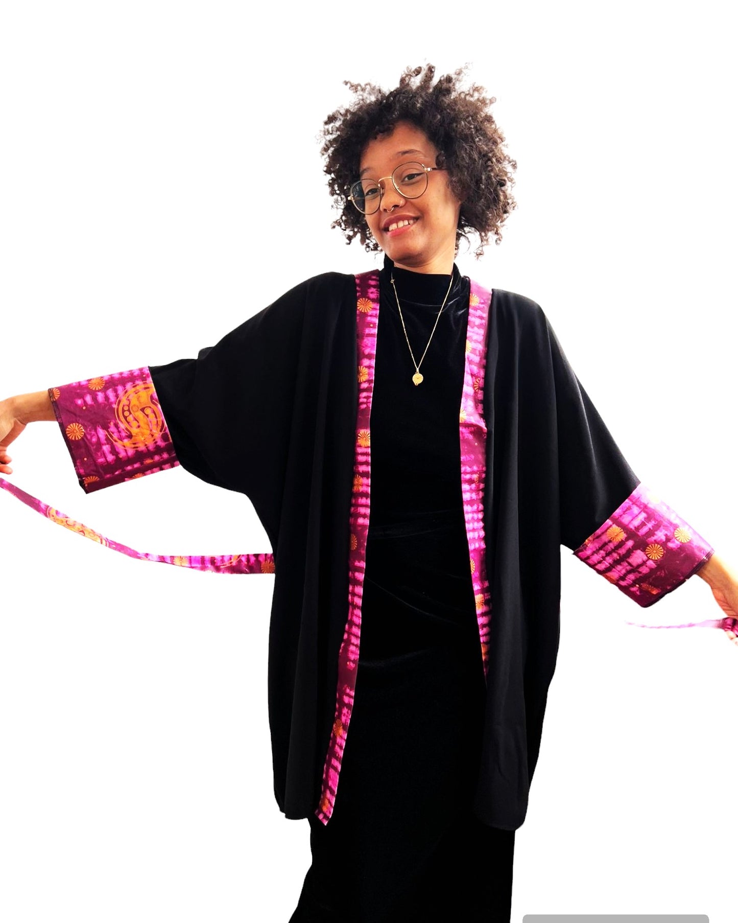 Kimono tissu noir mi-long pour femme